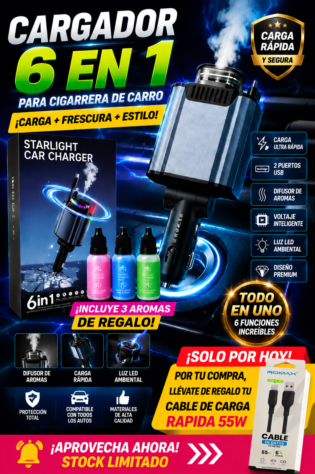 Cargador para vehículo 6 en 1