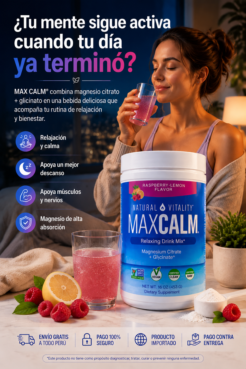 MAX CALM® Magnesio Premium | Bebida Relajante con Citrato + Glicinato