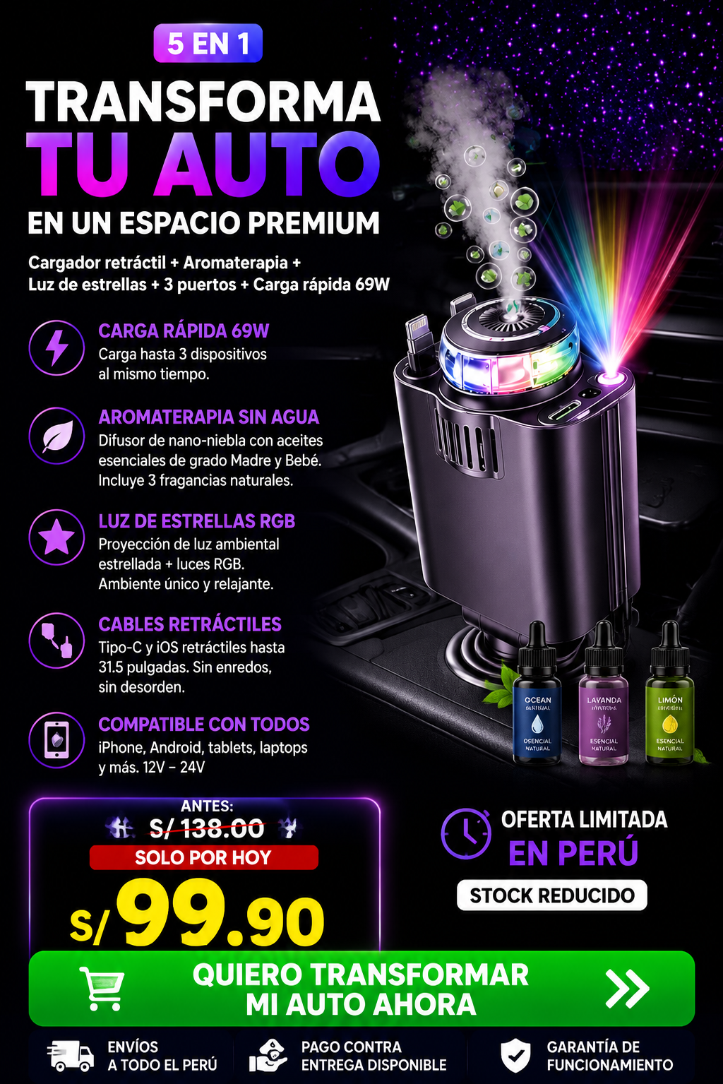 Cargador retráctil para automóvil con aromaterapia y luz de estrellas